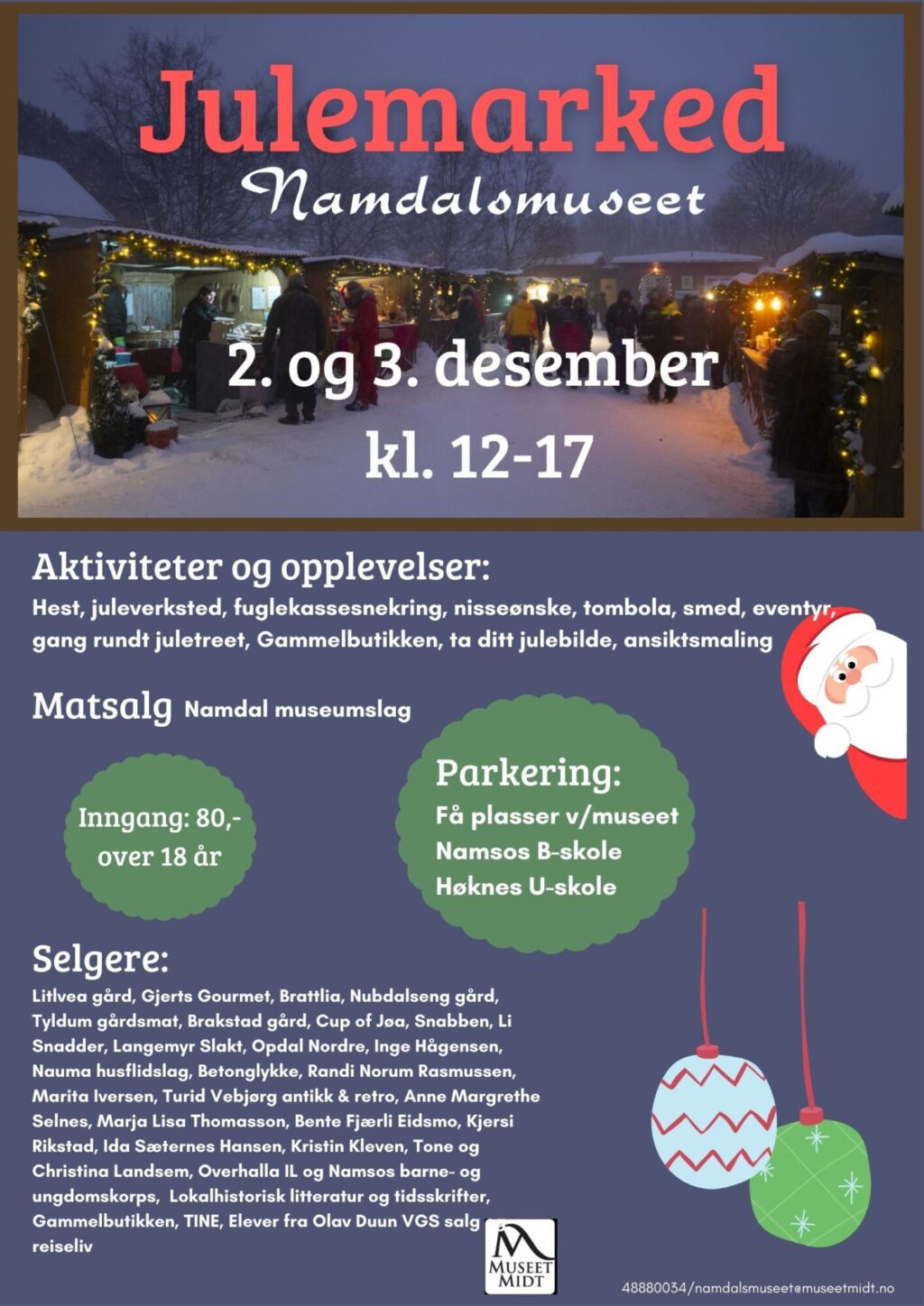 Plakat for julemarked med informasjon om innhold med aktiviteter og selgere