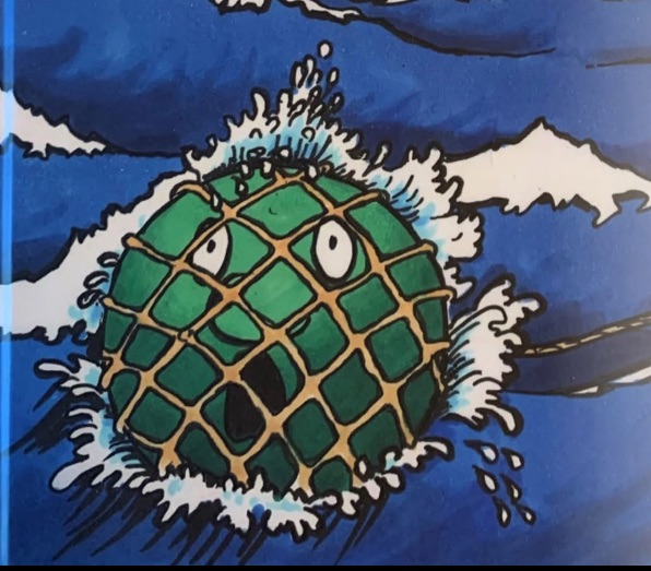 Detalj av forsikden av boka Kavelkulas historie, en illustrasjon av en kavlekule med et overrasket uttrykk på ansiktet.
